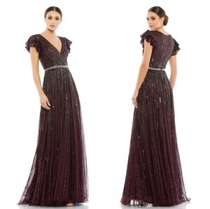Mac Duggal Sequined Wrap Over Ruffled Cap Sleeve Gown